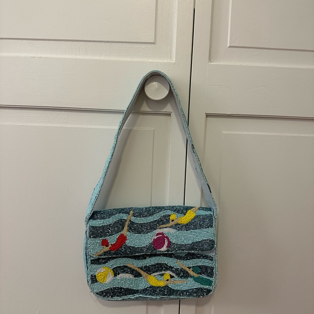 Hand-Beaded Light Blue Shoulder Bag with Colorful Fish Motif